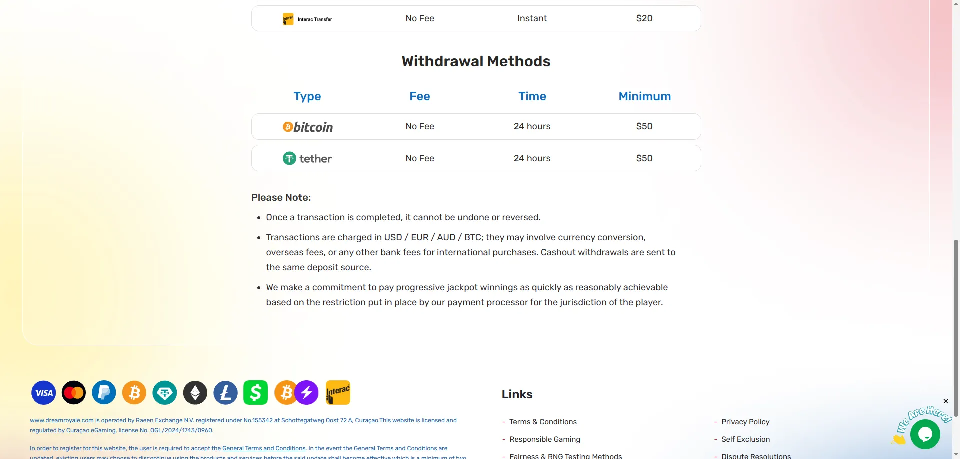 Dream Royale Casino mobile deposit methods PayPal Apple Pay crypto