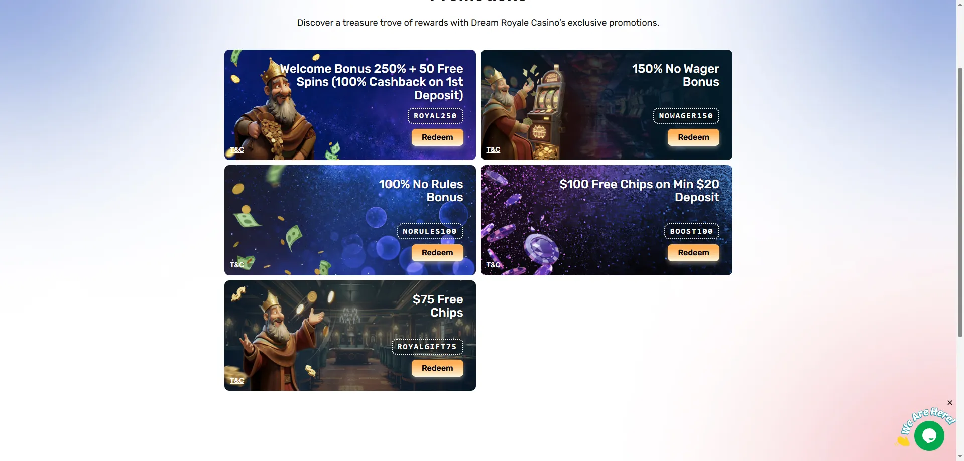 Dream Royale Casino bonus promotions free chips and cashback offers